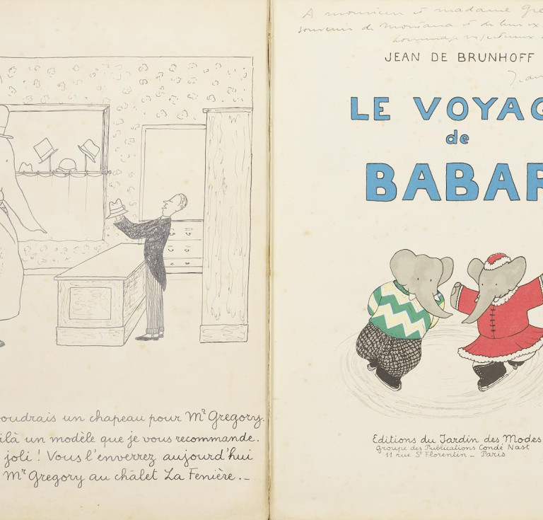 Jean d Brunhoff, Le voyage de Babar, presentation copy with full-page pen and ink drawing of Babar, Paris, Editions du Jardin des Modes, 1932. Estimate: £10,000 - £20,000.