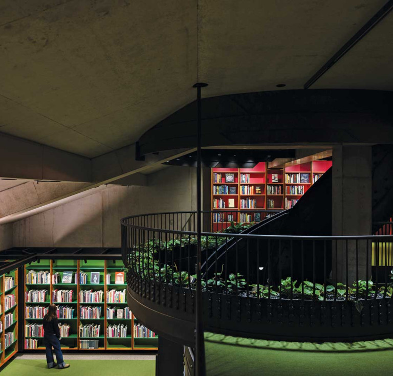 A two-level library at the Museum of Old and New Art in Hobart, Tasmania.