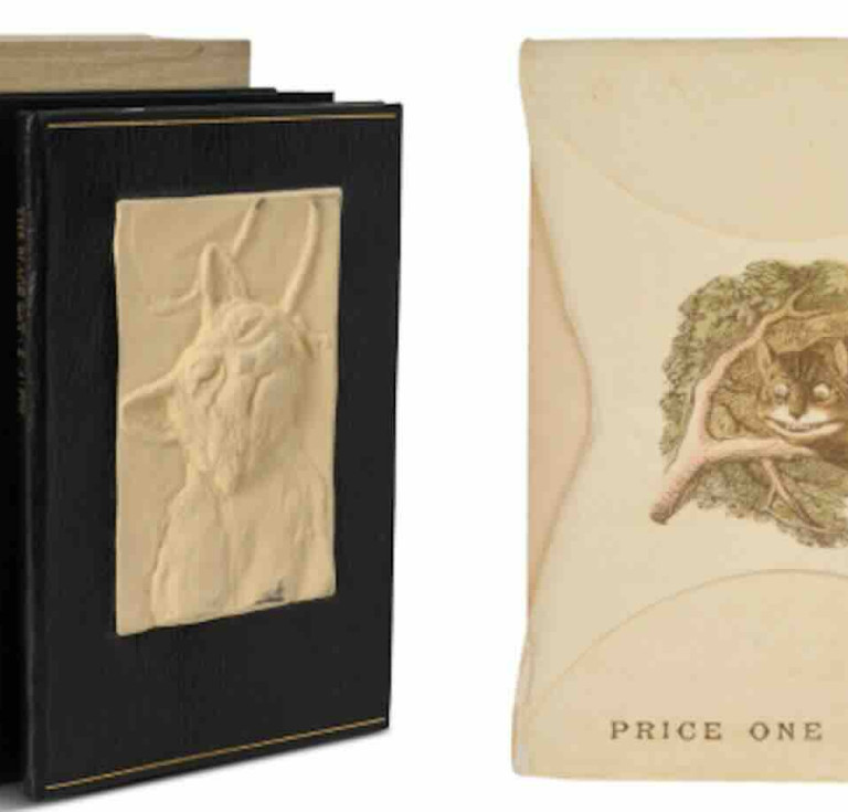 Pictured left, a limited edition of The Black Cat by Edgar Allan Poe (estimate: $1,000-$1,500), and right, a first edition, first issue of The Wonderland Postage-Stamp Case inscribed by Lewis Carroll, estimated at $2,000-$3,000.